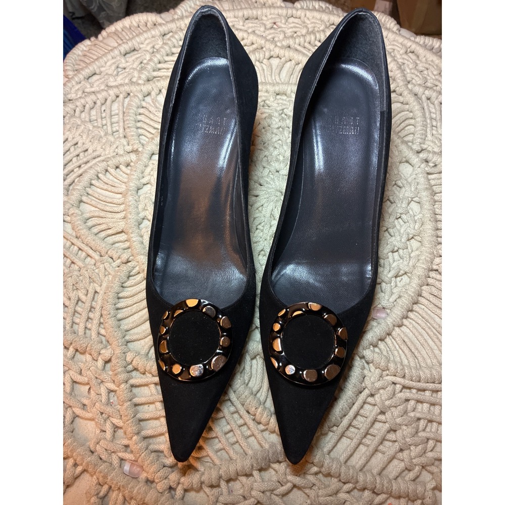 Stuart Weitzman Black Suede Pointed Toe Studded Buckle Pumps‎ Stiletto Heels 6m